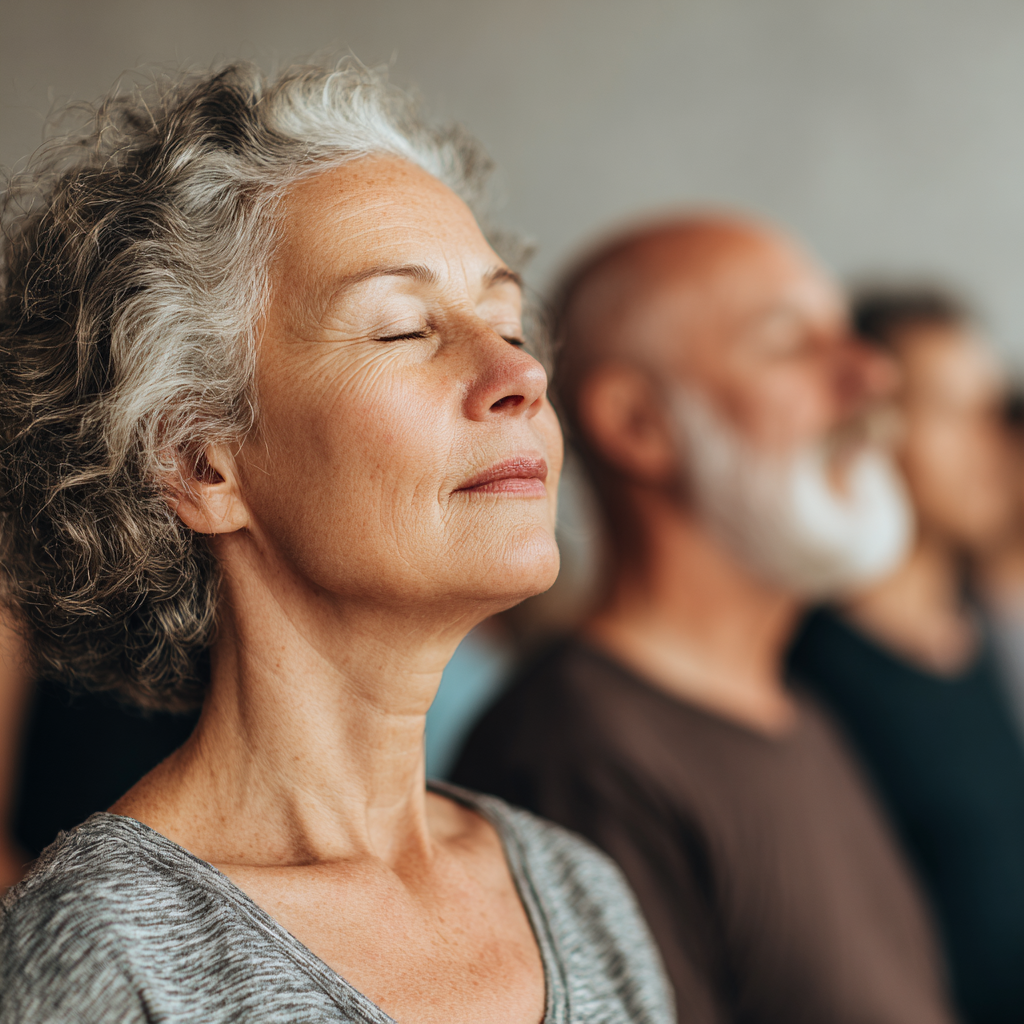 Mature adults in peaceful yoga meditation session focusing on breathing techniques