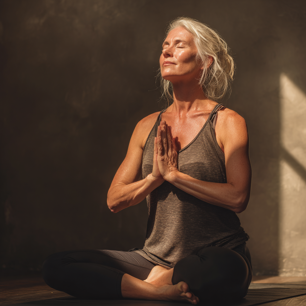 Middle-aged woman practicing gentle yoga poses in serene studio environment